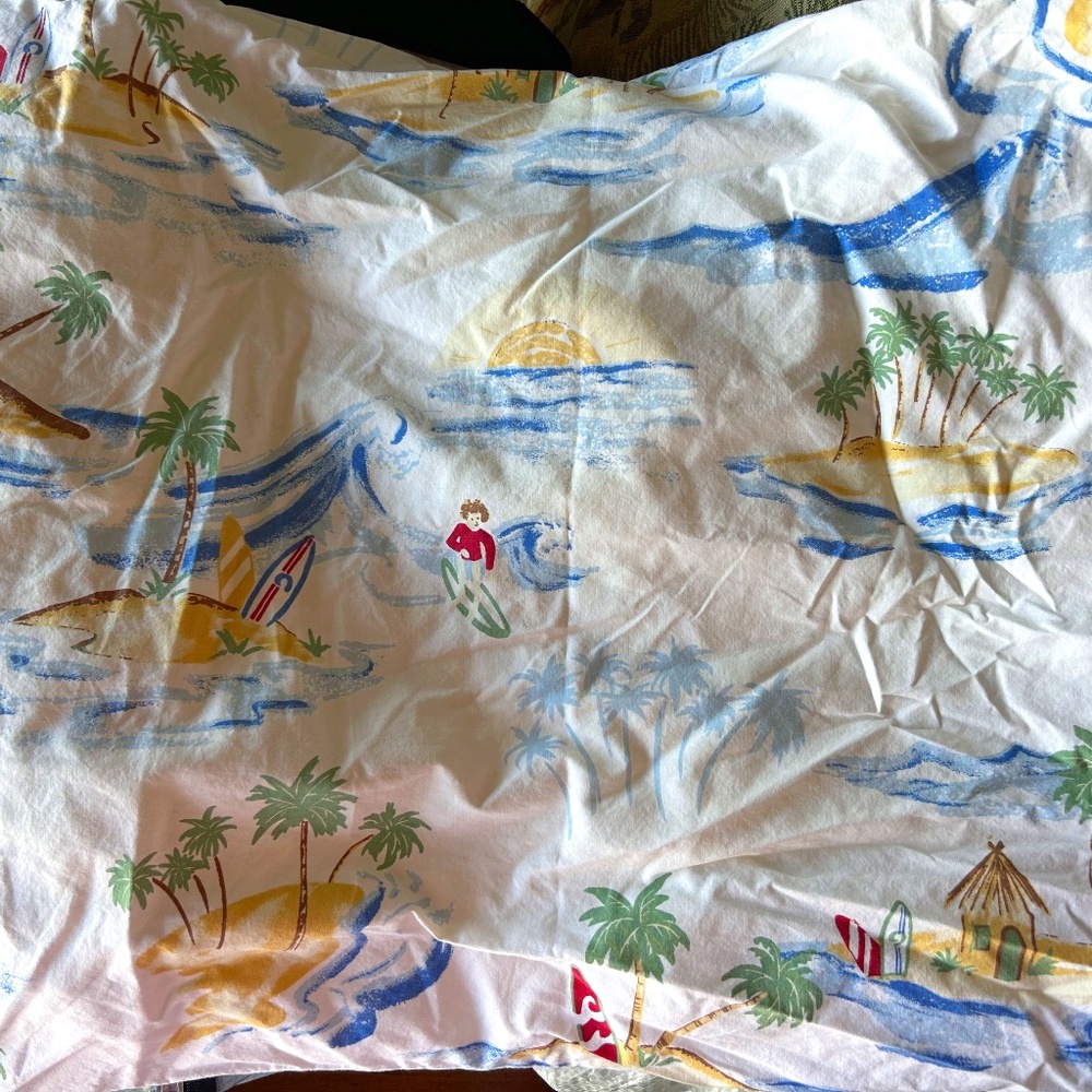 Pottery Barn Kids Twin-sized Sheet Set--blue, tropical, surfer-themed